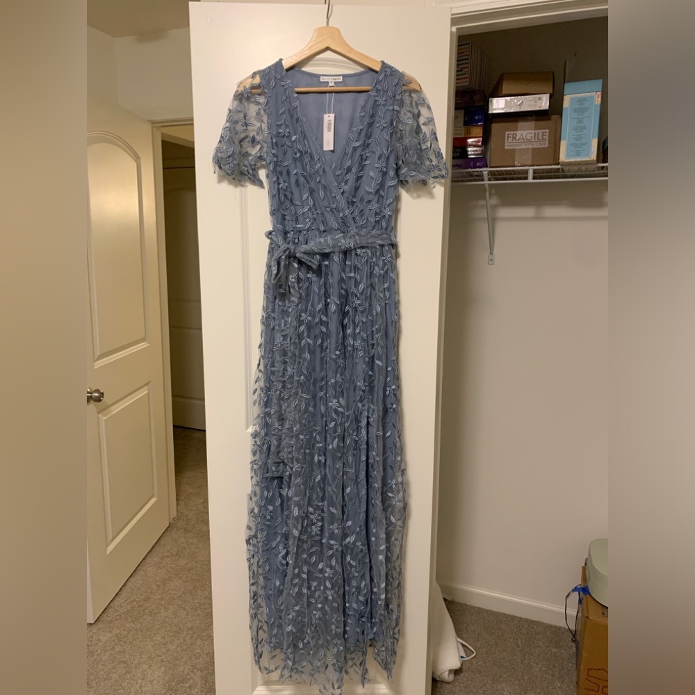 Baltic Born Marseille Embossed Maxi Dress in Dusty Blue size S